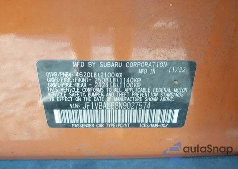 2022 Subaru Wrx Limited from USA, damaged, VIN JF1VBAL68N9027574